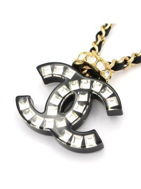 Chanel Choker CC Logo Leather Gold Black Clear Necklace